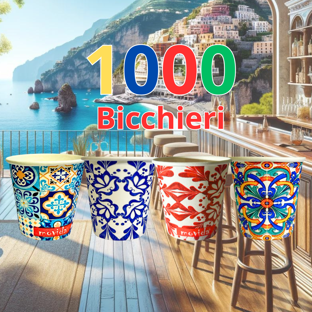 1000 Pz Bicchieri Caffe di Carta fantasia AMALFI - Biodegradabili Biocompostabili Tazzine 75 ml - Made in Italy