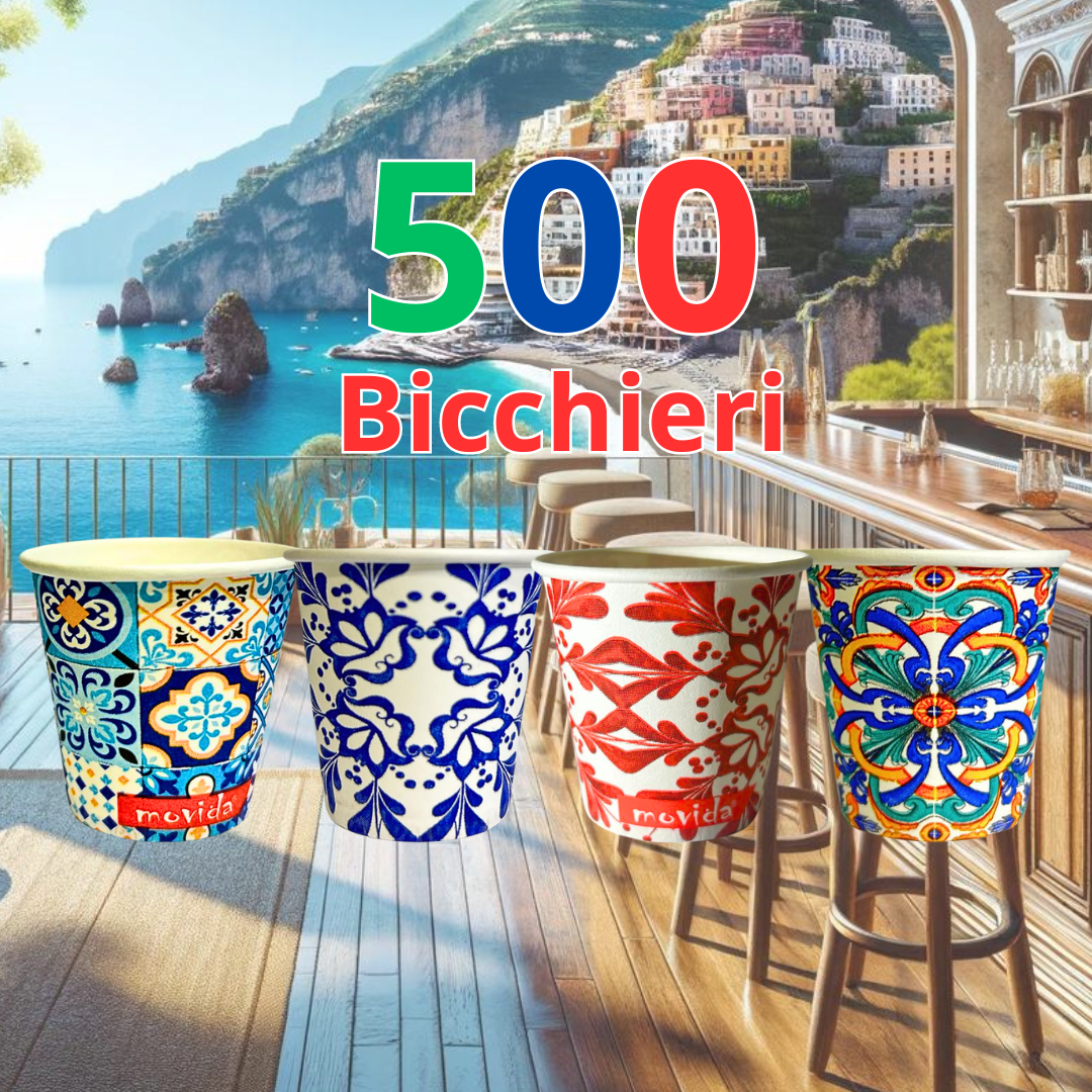 1000 Pz Bicchieri Caffe di Carta fantasia AMALFI - Biodegradabili Biocompostabili Tazzine 75 ml - Made in Italy
