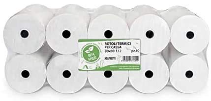10 rotoli di carta termica CF per registratori di cassa, 80 x 80 cm, foro 12 mm, carta omologata per banconote e ricevute telematiche