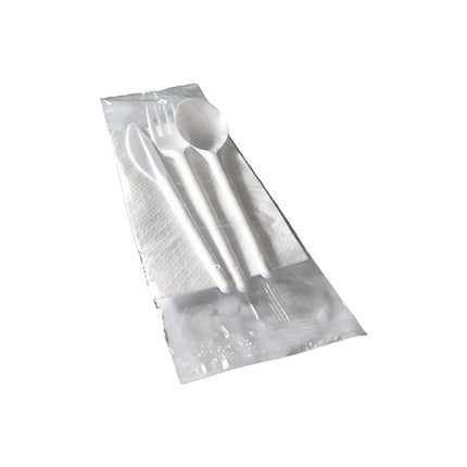 Posate Tris Set Bio - 500 Pezzi - Bianco - 6 KG - Forchetta Coltello Cucchiaio Tovagliolo Monovelo