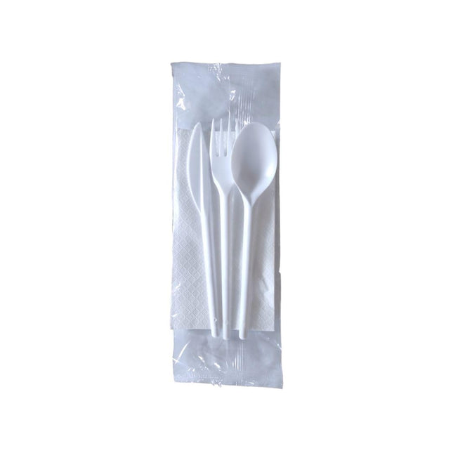 Posate Tris Set Bio - 500 Pezzi - Bianco - 6 KG - Forchetta Coltello Cucchiaio Tovagliolo Monovelo