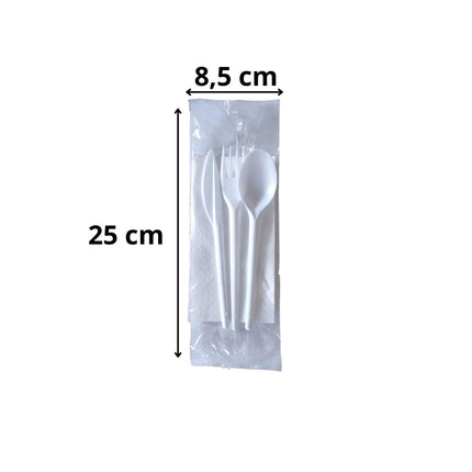 Posate Tris Set Bio - 500 Pezzi - Bianco - 6 KG - Forchetta Coltello Cucchiaio Tovagliolo Monovelo