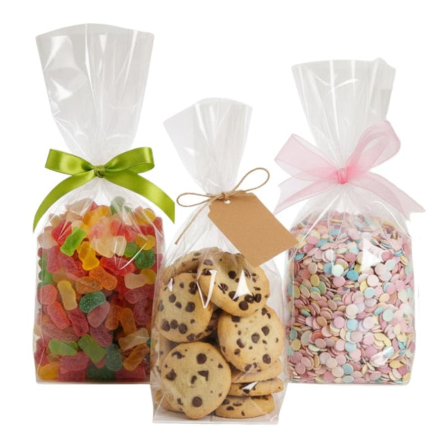 Buste Trasparenti con Fondo Quadro Bianco - 100 Sacchetti Per Alimenti 10+6x30 cm - Biscotti, Confetti e Caramelle - Per Feste ed Eventi - RFD