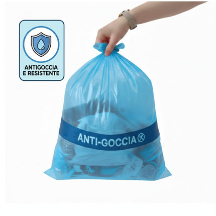 RFD 60 Sacchi Spazzatura 55x65 cm con MANIGLIE, 4 Rotoli da 15 Buste, Alta Resistenza Antigoccia, Formato 40 Litri per Raccolta Differenziata, AZZURRI, Ideale per Casa e Ufficio