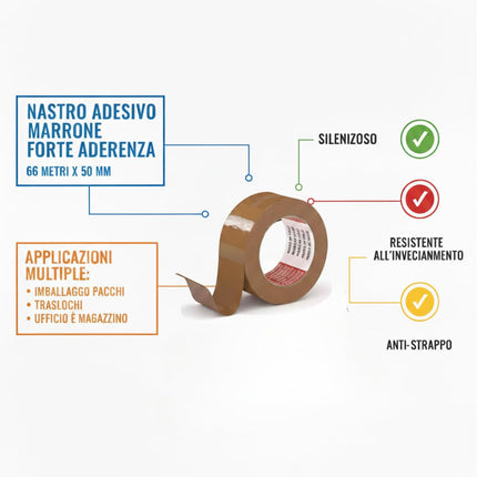 RFD Set 6 Rotoli Nastro Adesivo Marrone da Imballaggio 50mm x 66m – Alta Resistenza e Srotolamento Silenzioso – Ideale per Scatole, Traslochi e Spedizioni Professionali – Anti-Invecchiamento