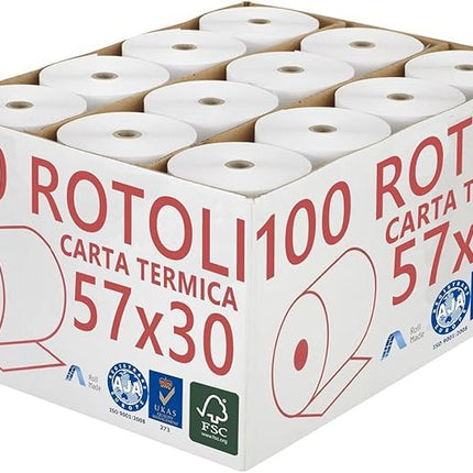 Confezione 100 Rotoli Termici mm 57x30 mt Omologati per Registratore di Cassa Carta Termica 1^ Qualità