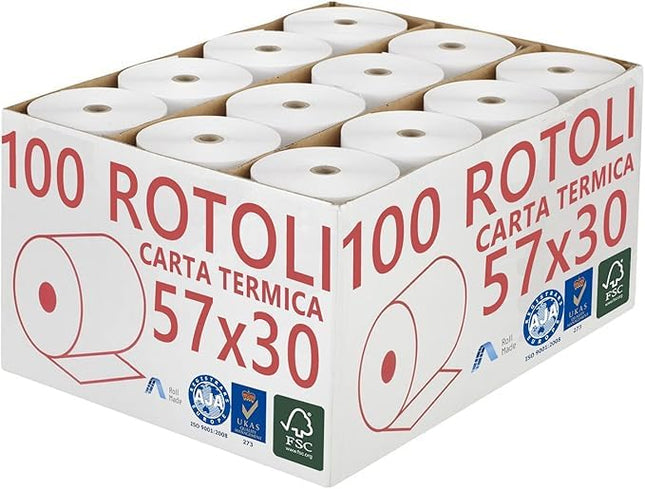 Confezione 100 Rotoli Termici mm 57x30 mt Omologati per Registratore di Cassa Carta Termica 1^ Qualità