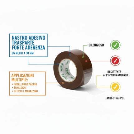 RFD Set 6 Rotoli Nastro Adesivo Marrone da Imballaggio 50mm x 66m – Alta Resistenza e Srotolamento Silenzioso – Ideale per Scatole, Traslochi e Spedizioni Professionali – Anti-Invecchiamento