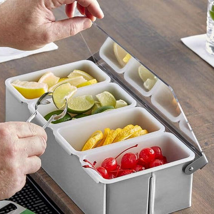 Scatola per condimenti in metallo a 4 scomparti, vassoio per frutta, per organizzazione della conservazione degli alimenti, bar, ristorante, attrezzatura accessoria