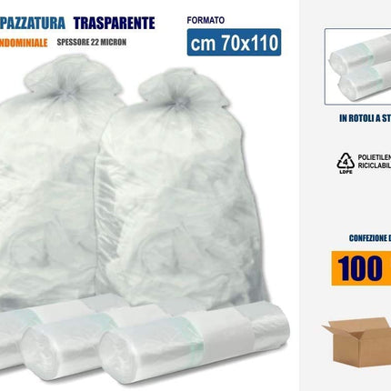 SACCHI SPAZZATURA TRASPARENTI IN PLASTICA PE-LD Cm 70x110 (110 litri) - SCATOLA DA 100 SACCHETTI
