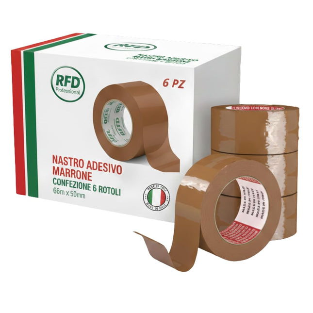 RFD Set 6 Rotoli Nastro Adesivo Marrone da Imballaggio 50mm x 66m – Alta Resistenza e Srotolamento Silenzioso – Ideale per Scatole, Traslochi e Spedizioni Professionali – Anti-Invecchiamento