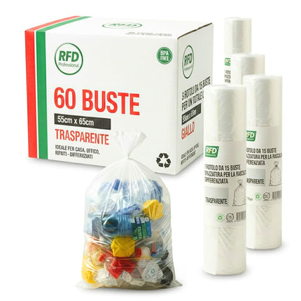 RFD 60 Sacchi Spazzatura 55x65 cm con MANIGLIE, 4 Rotoli da 15 Buste, Alta Resistenza Antigoccia, Formato 40 Litri per Raccolta Differenziata, AZZURRI, Ideale per Casa e Ufficio