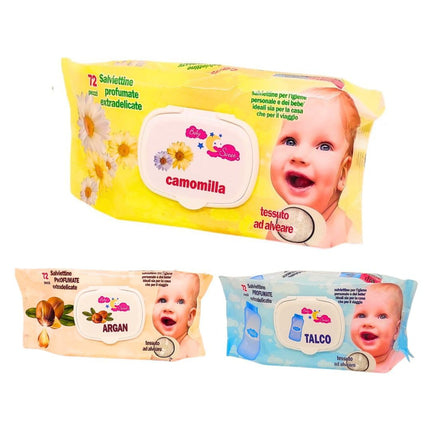 Salviette neonato igienizzanti umidificate per igiene personale e per bambino - Talco Argan Camomilla - 432 Salviette extradelicate struccanti con tessuto ad alveare
