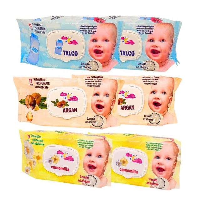 Salviette neonato igienizzanti umidificate per igiene personale e per bambino - Talco Argan Camomilla - 432 Salviette extradelicate struccanti con tessuto ad alveare