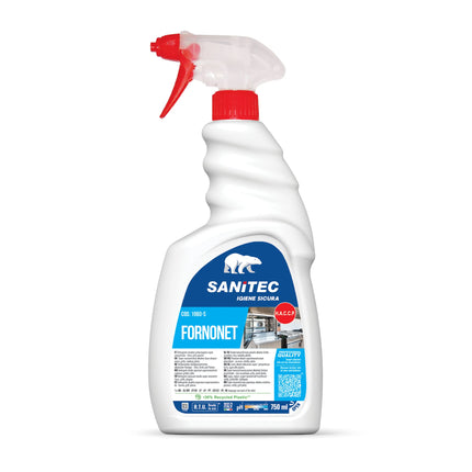 Sanitec, Fornonet, Detergente Alcalino Schiumogeno Super Concentrato per Forni, Grill e Piastre, Rimozione Rapida di Incrostazioni e Residui di Cottura, 100% Made in Italy, Flacone 750 ml