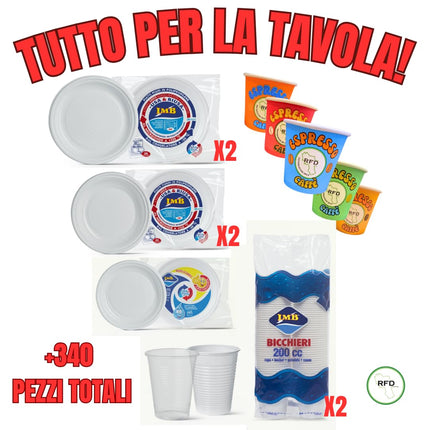 RFD Stoviglie per Feste 340 Pezzi, Set Completo con 40 Piatti Piani, 40 Piatti Fondi, 25 Piatti Dessert, 192 Bicchieri 200cc Bianchi, 50 Bicchieri Caffè 75ml, Plastica Riciclabile - Eventi Party