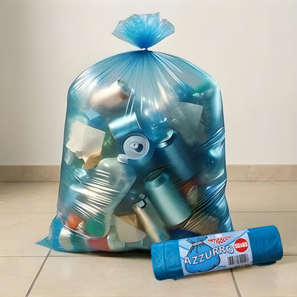 RFD 60 Sacchi Spazzatura 55x65 cm con MANIGLIE, 4 Rotoli da 15 Buste, Alta Resistenza Antigoccia, Formato 40 Litri per Raccolta Differenziata, AZZURRI, Ideale per Casa e Ufficio