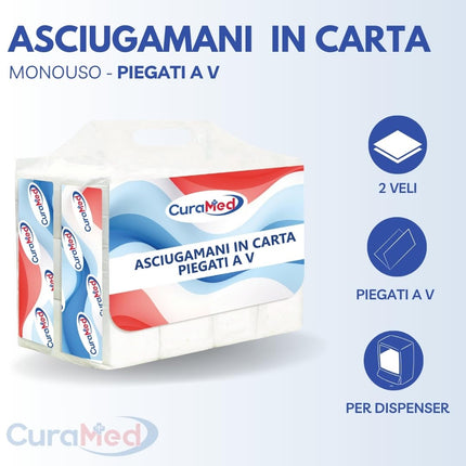 ASCIUGAMANI DI CARTA PIEGATI A V PER DISPENSER, C E Z, MONOUSO 12 CONF. 250 PZ (Totale 3.000 pz) – Originale Cura Farma