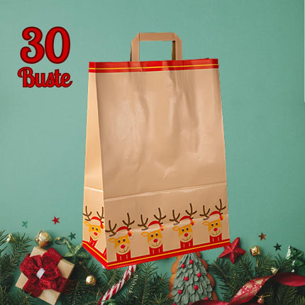 Sacchetti Regalo Natale Buste Natalizie Grandi con Manico | 30 Pezzi | Carta Kraft Ecologica | 32x16x45 cm | Maniglia Piatta | Perfette per Regali e Feste
