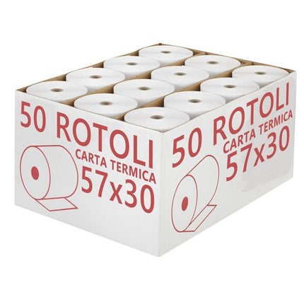 Confezione 50 Rotoli Termici mm 57x30 mt Omologati per Registratore di Cassa Carta Termica 1a Qualità
