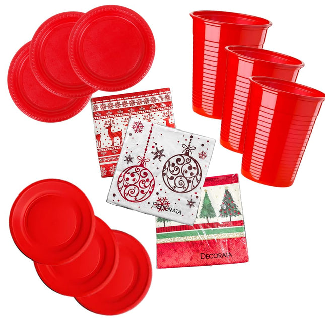 Set Tavola Natalizio - 50 Piatti Piani, 30 Fondi Rossi, 40 Tovaglioli Fantasia Natale, 50 Bicchieri - Perfetto per Feste e Pranzi di Natale!