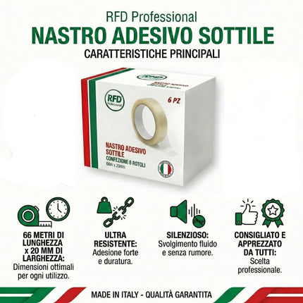 RFD Set 8 Rotoli Nastro Adesivo Trasparente per Imballaggio 66m x 19mm - PPL Silenzioso, Anti-strappo e Alta Tenuta per Pacchi e Traslochi
