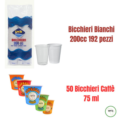 RFD Stoviglie per Feste 340 Pezzi, Set Completo con 40 Piatti Piani, 40 Piatti Fondi, 25 Piatti Dessert, 192 Bicchieri 200cc Bianchi, 50 Bicchieri Caffè 75ml, Plastica Riciclabile - Eventi Party