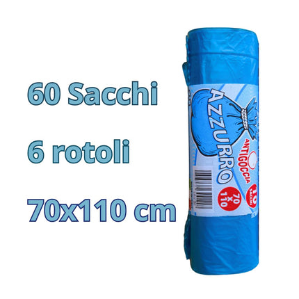 Sacchi Spazzatura 70x110 cm per l'indifferenziata- Confezione da 60 sacchetti, Resistenza Extra, 70x110cm, 110 Litri, Azzurri - Ideali per Casa e Ufficio - Prodotto Made in Italy