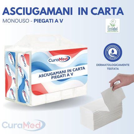 ASCIUGAMANI DI CARTA PIEGATI A V PER DISPENSER, C E Z, MONOUSO 12 CONF. 250 PZ (Totale 3.000 pz) – Originale Cura Farma