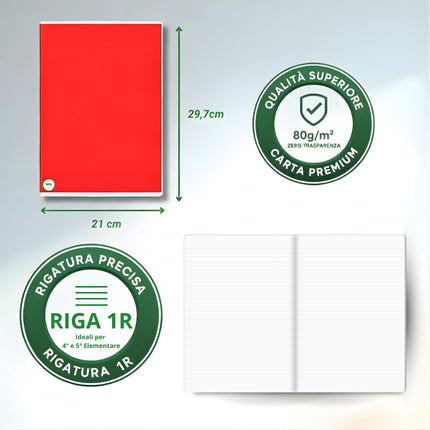 RFD | MAXI Set 10 Quaderni A4 a Righe (21Cm X 29,7Cm) - Rigatura 1R (Senza Margini) – Carta 80G/Mq Anti-Trasparenza – Pacco Quaderni Scorta Scuola Superiore e Media