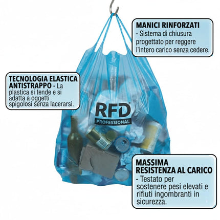 RFD 60 Sacchi Spazzatura 55x65 cm con MANIGLIE, 4 Rotoli da 15 Buste, Alta Resistenza Antigoccia, Formato 40 Litri per Raccolta Differenziata, AZZURRI, Ideale per Casa e Ufficio