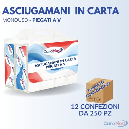 ASCIUGAMANI DI CARTA PIEGATI A V PER DISPENSER, C E Z, MONOUSO 12 CONF. 250 PZ (Totale 3.000 pz) – Originale Cura Farma