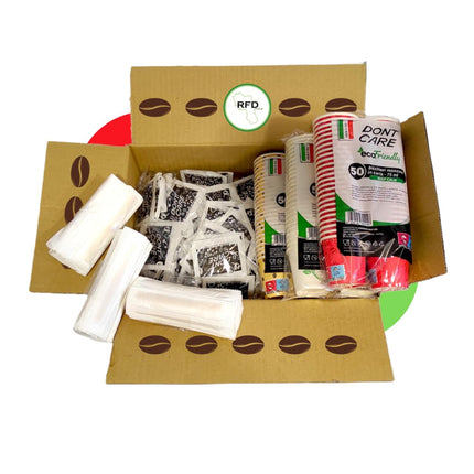 RFD Kit Caffè Eco 150 Pezzi Bicchieri Palettine Zucchero - 150 Bicchieri 75 ml Eco + 150 Palettine in Legno + 150 confezioni di Zucchero Bianco - Made in Italy