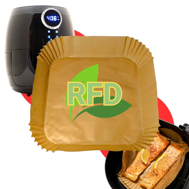 Carta Forno per Friggitrice ad Aria 100 Pezzi - 20 x 20 cm per 4,5 cm - Per Friggitrice ad aria 5/7/9 Litri - Biodegradabile Impermeabile Resistente all'olio