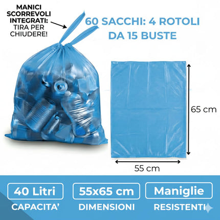 RFD 60 Sacchi Spazzatura 55x65 cm con MANIGLIE, 4 Rotoli da 15 Buste, Alta Resistenza Antigoccia, Formato 40 Litri per Raccolta Differenziata, AZZURRI, Ideale per Casa e Ufficio