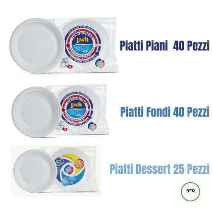 RFD Stoviglie per Feste 340 Pezzi, Set Completo con 40 Piatti Piani, 40 Piatti Fondi, 25 Piatti Dessert, 192 Bicchieri 200cc Bianchi, 50 Bicchieri Caffè 75ml, Plastica Riciclabile - Eventi Party