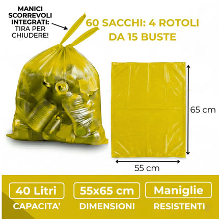 RFD 60 Sacchi Spazzatura 55x65 cm con MANIGLIE, 4 Rotoli da 15 Buste, Alta Resistenza Antigoccia, Formato 40 Litri per Raccolta Differenziata, AZZURRI, Ideale per Casa e Ufficio