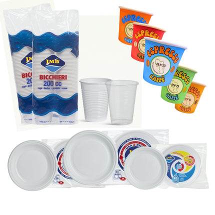 RFD Stoviglie per Feste 340 Pezzi, Set Completo con 40 Piatti Piani, 40 Piatti Fondi, 25 Piatti Dessert, 192 Bicchieri 200cc Bianchi, 50 Bicchieri Caffè 75ml, Plastica Riciclabile - Eventi Party