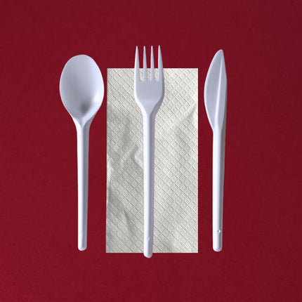 Posate Tris Set Bio - 500 Pezzi - Bianco - 6 KG - Forchetta Coltello Cucchiaio Tovagliolo Monovelo