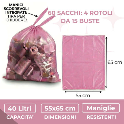 RFD 60 Sacchi Spazzatura 55x65 cm con MANIGLIE, 4 Rotoli da 15 Buste, Alta Resistenza Antigoccia, Formato 40 Litri per Raccolta Differenziata, AZZURRI, Ideale per Casa e Ufficio