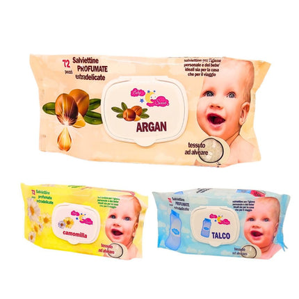 Salviette neonato igienizzanti umidificate per igiene personale e per bambino - Talco Argan Camomilla - 432 Salviette extradelicate struccanti con tessuto ad alveare