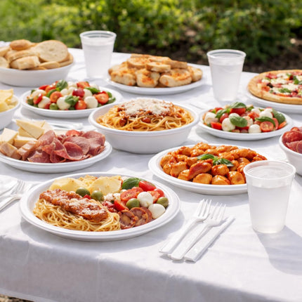 RFD Stoviglie per Feste 340 Pezzi, Set Completo con 40 Piatti Piani, 40 Piatti Fondi, 25 Piatti Dessert, 192 Bicchieri 200cc Bianchi, 50 Bicchieri Caffè 75ml, Plastica Riciclabile - Eventi Party