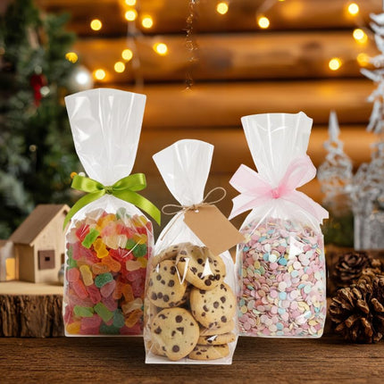 Buste Trasparenti con Fondo Quadro Bianco - 100 Sacchetti Per Alimenti 10+6x30 cm - Biscotti, Confetti e Caramelle - Per Feste ed Eventi - RFD