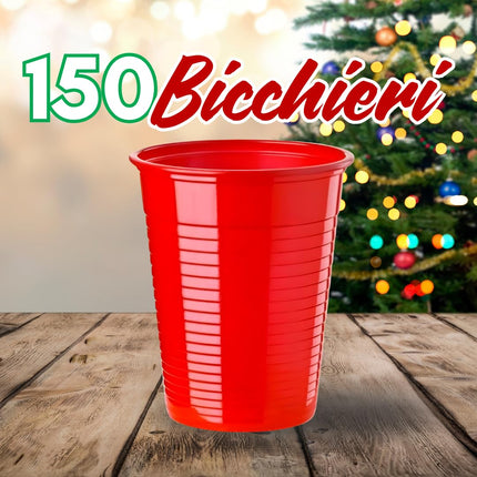 Set Tavola Natale - 60 Piatti Piani e 60 Piatti Fondi Rossi 100 Tovaglioli Fantasia Natalizia 150 Bicchieri 200 ml, 150 Bicchieri 75 ml e 150 Bicchieri 180 ml Perfetto per Feste ed Eventi in Famiglia