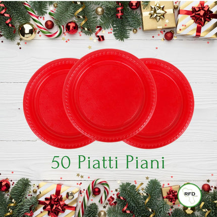 Set Tavola Natalizio - 50 Piatti Piani, 30 Fondi Rossi, 40 Tovaglioli Fantasia Natale, 50 Bicchieri - Perfetto per Feste e Pranzi di Natale!
