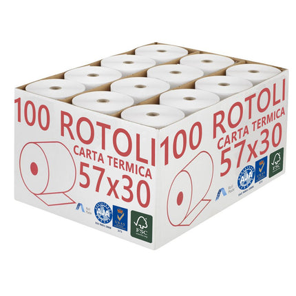 Confezione 100 Rotoli Termici mm 57x30 mt Omologati per Registratore di Cassa Carta Termica 1^ Qualità