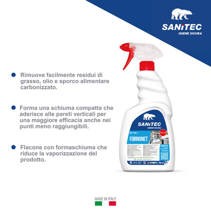 Sanitec, Fornonet, Detergente Alcalino Schiumogeno Super Concentrato per Forni, Grill e Piastre, Rimozione Rapida di Incrostazioni e Residui di Cottura, 100% Made in Italy, Flacone 750 ml