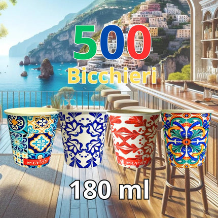 RFD 500 Pz Bicchieri Caffe di Carta fantasia AMALFI - Biodegradabili Biocompostabili Tazzine 180 ml - Made in Italy