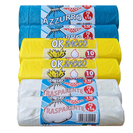 Sacchi Spazzatura 70x110 cm per l'indifferenziata- Confezione da 60 sacchetti, Resistenza Extra, 110 Litri, Azzurro, Trasparente, Giallo - Ideali per Casa e Ufficio - Prodotto Made in Italy