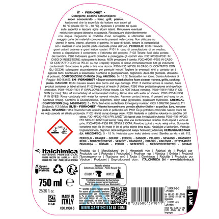 Sanitec, Fornonet, Detergente Alcalino Schiumogeno Super Concentrato per Forni, Grill e Piastre, Rimozione Rapida di Incrostazioni e Residui di Cottura, 100% Made in Italy, Flacone 750 ml